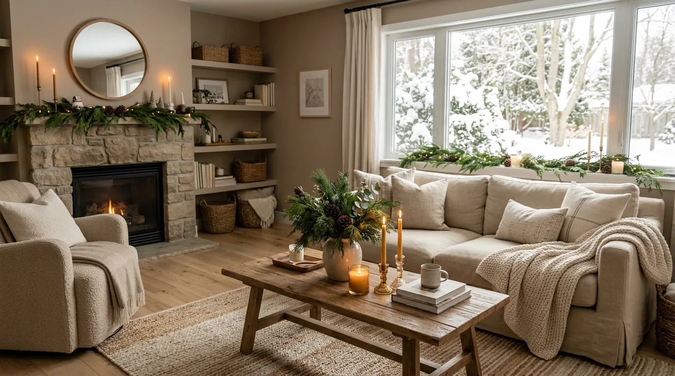 Bring in greenery branches or evergreens for seasonal life inspiration for a winter living room.
